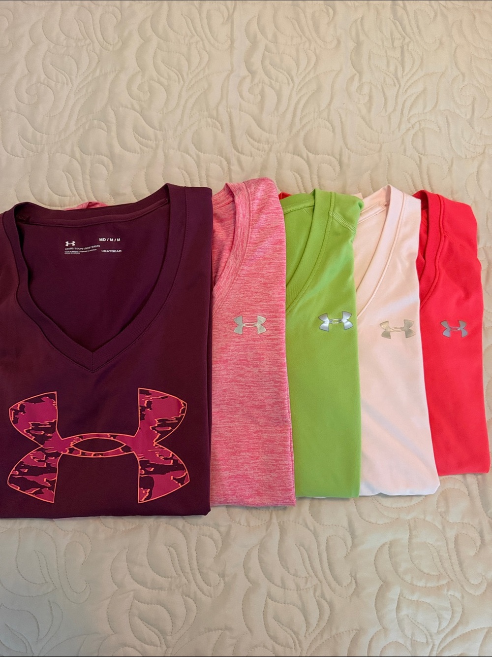 Under Armour Girls' V-Neck Tees in Burgundy, Heather Pink, Lime, White, Coral